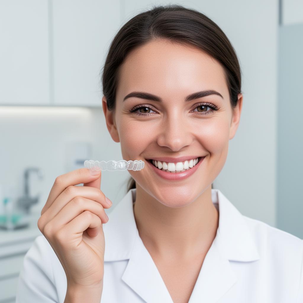Woman smiling and holding clear Invisalign aligners